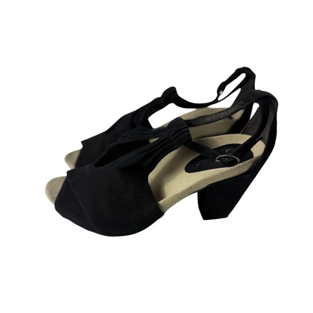 Earthies Veria Black Kid Suede Peep Toe Block Heel Sandals Womens 10B 800022WSDE